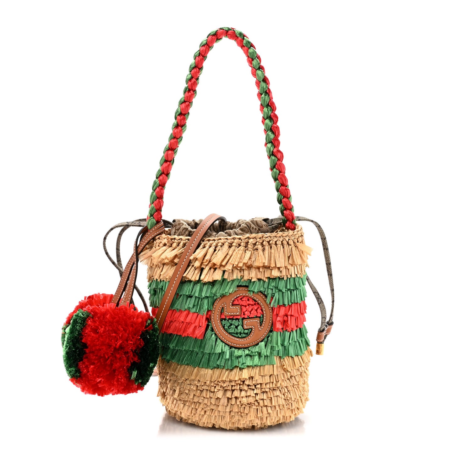 Raffia Fringe GG Top Handle Bag Bronze Natural Red Green