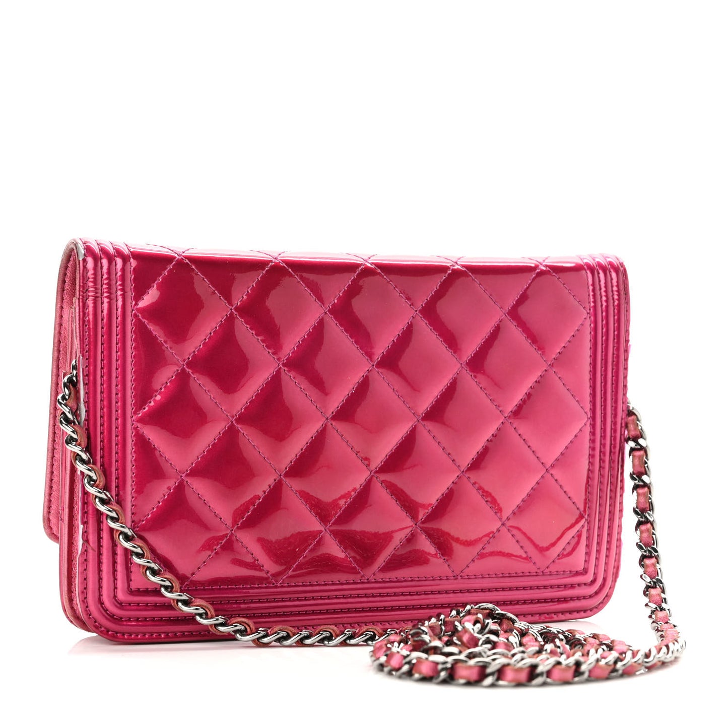 Metallic Patent Calfskin Quilted Boy Wallet On Chain WOC Fuchsia