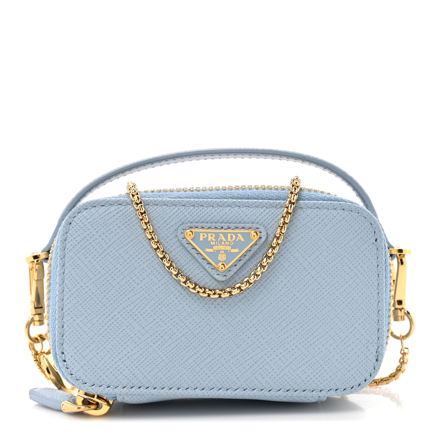 Prada Saffiano Metal Triangle Logo Mini Pouch with Handle Blue Prada Saffiano Metal Triangle Logo Mini Pouch with Handle Blue