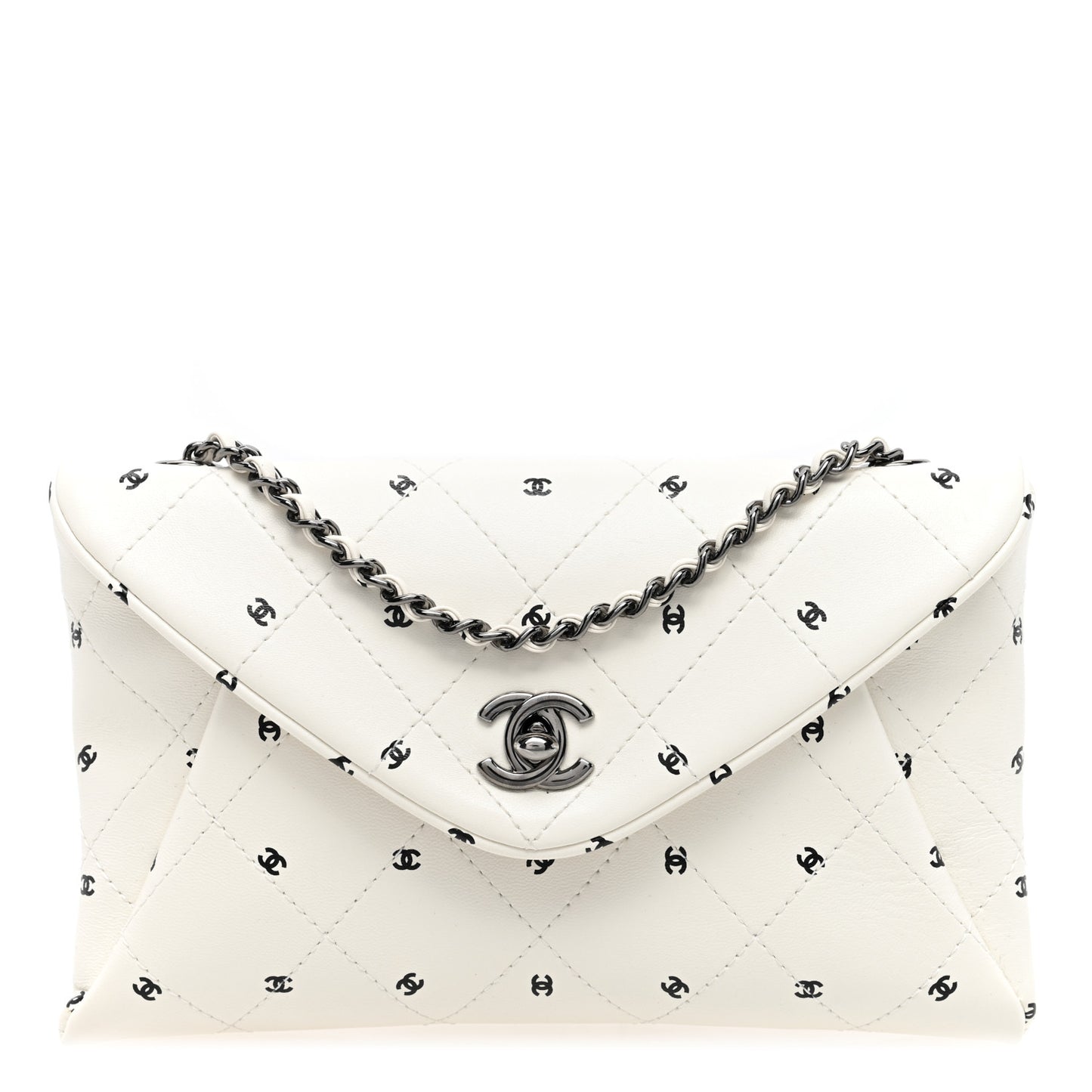 Printed Lambskin Logo CC Envelope Clutch With Chain White