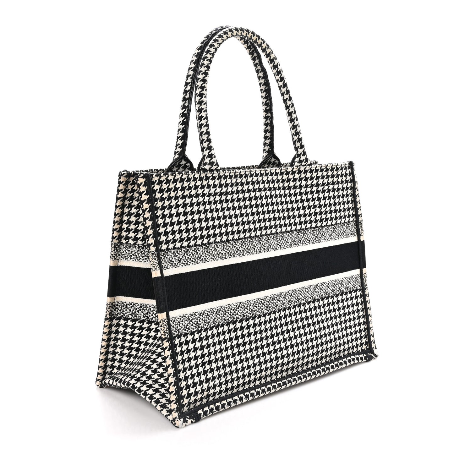 Canvas Houndstooth Embroidered Medium Book Tote Black White