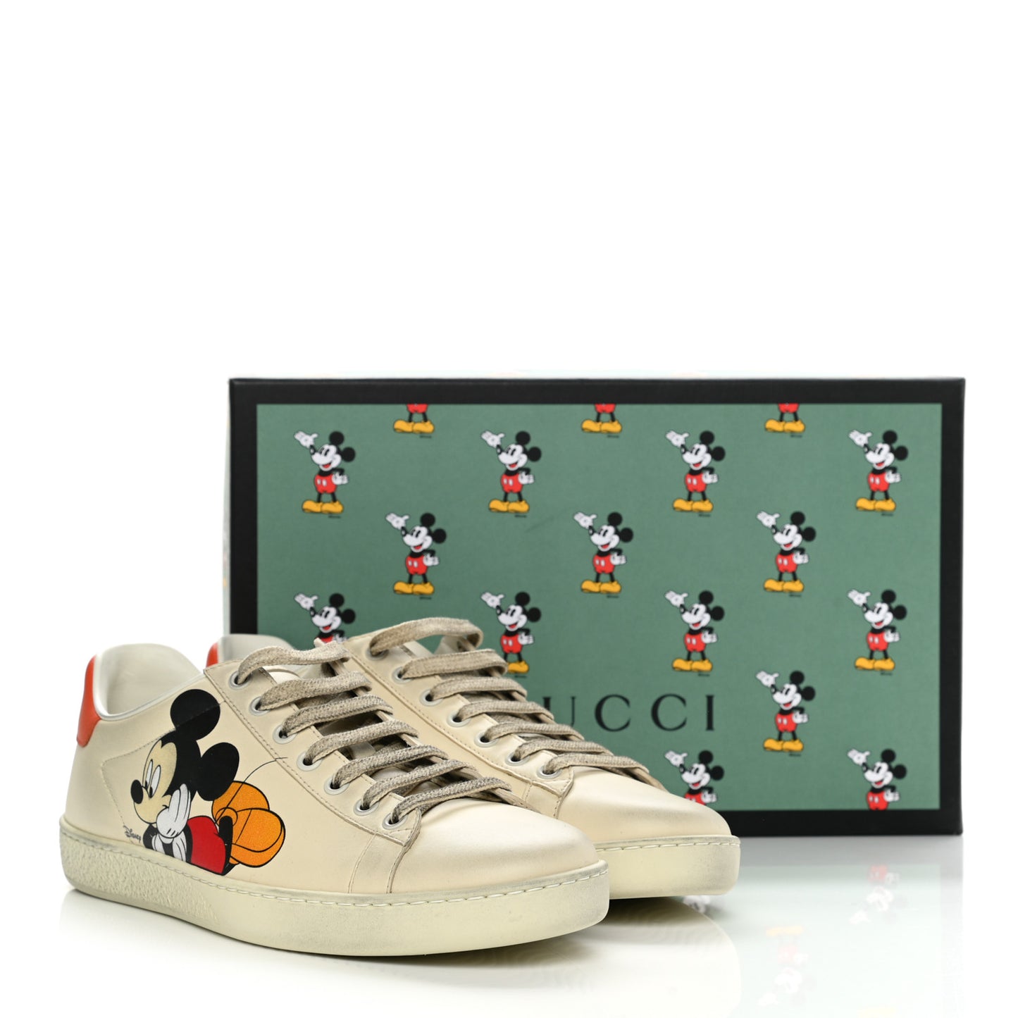 X DISNEY Miro Soft Calfskin Mickey Mouse Print Womens Ace Sneakers 38.5 Ivory Deep Orange