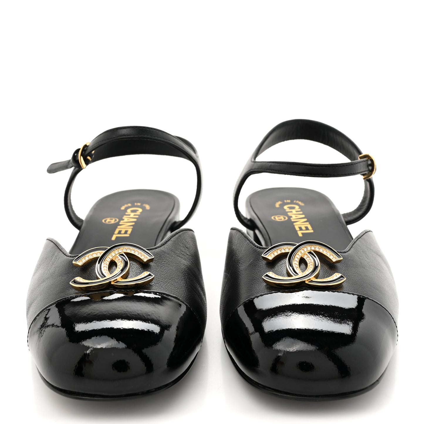 Lambskin Patent Cap Toe Crystal Enamel CC Mary Jane Slingback Flats 39 Black