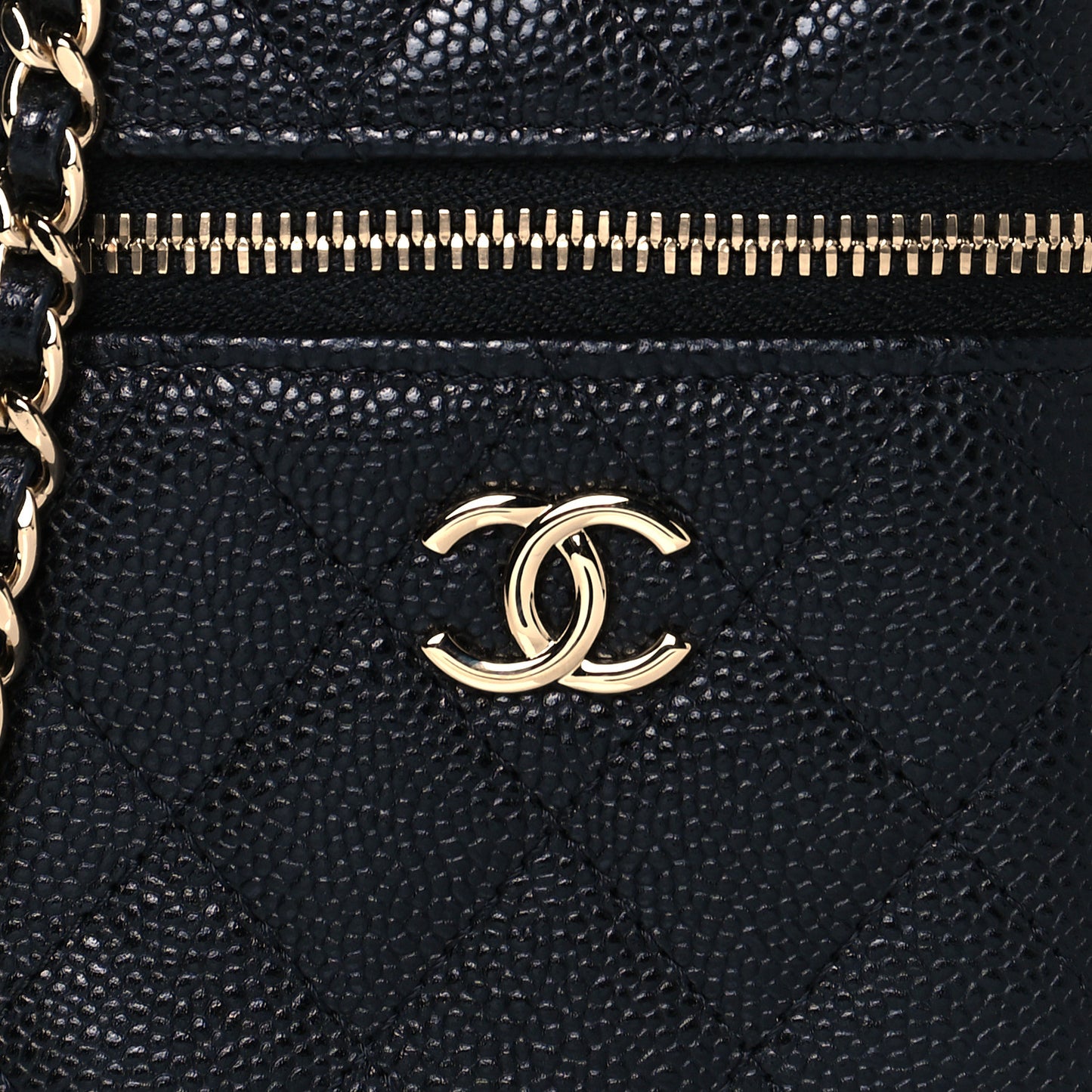 Caviar Quilted Small Handle With Care Vanity Case With Chain Black