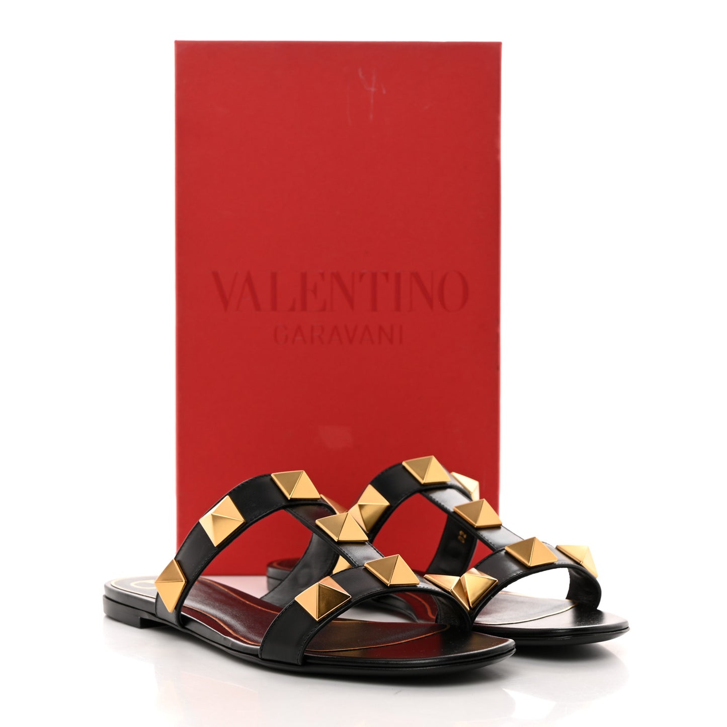 Calfskin Roman Stud Flat Slide Sandals 38 Black