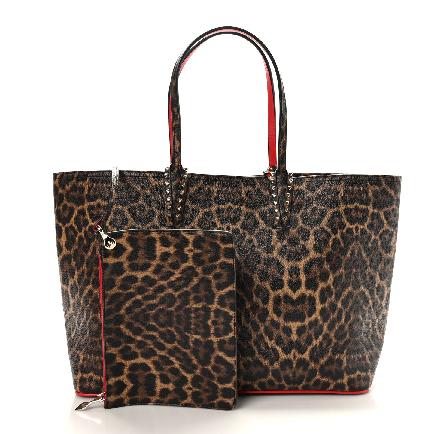Calfskin Leopard Print Spikes East West Cabata Tote Brown