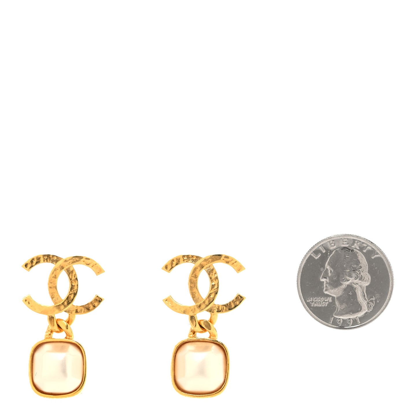 Metal Pearl CC Square Drop Earrings Gold