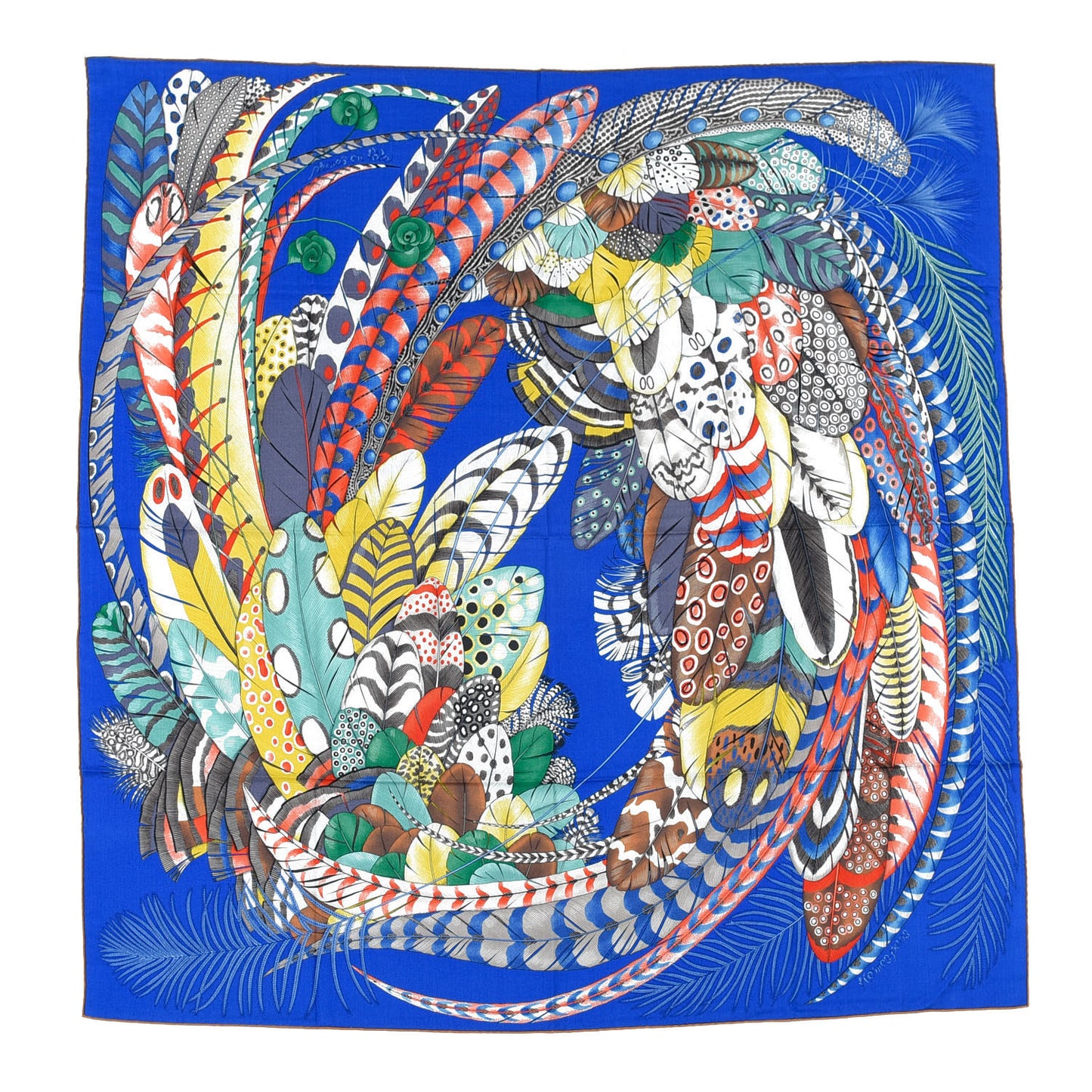 Cashmere Silk Plumes En Fete Shawl 140 Bleu Roy Jaune Rouge