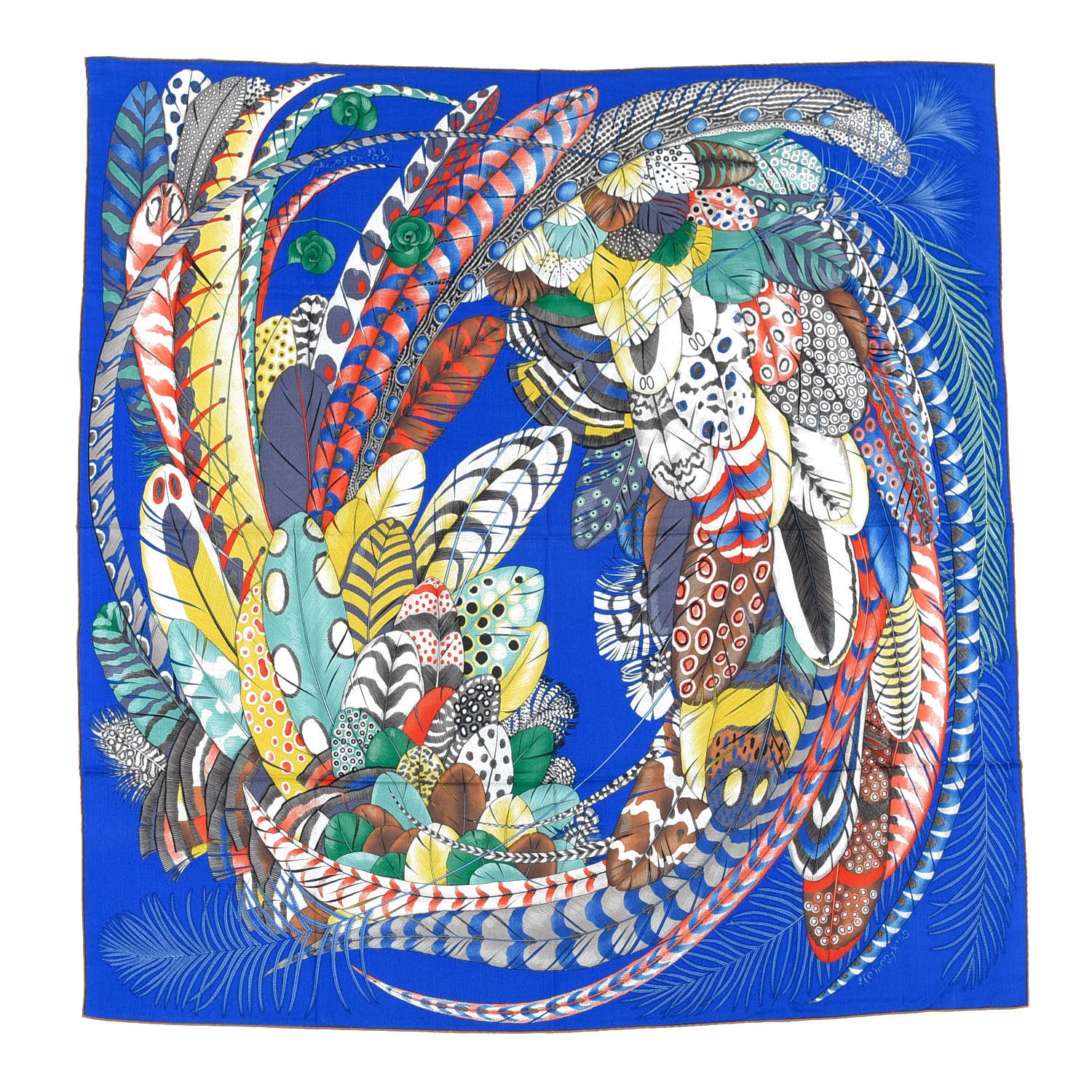 Hermes Cashmere Silk Plumes En Fete Shawl 140 Bleu Roy Jaune Rouge 1 of 6