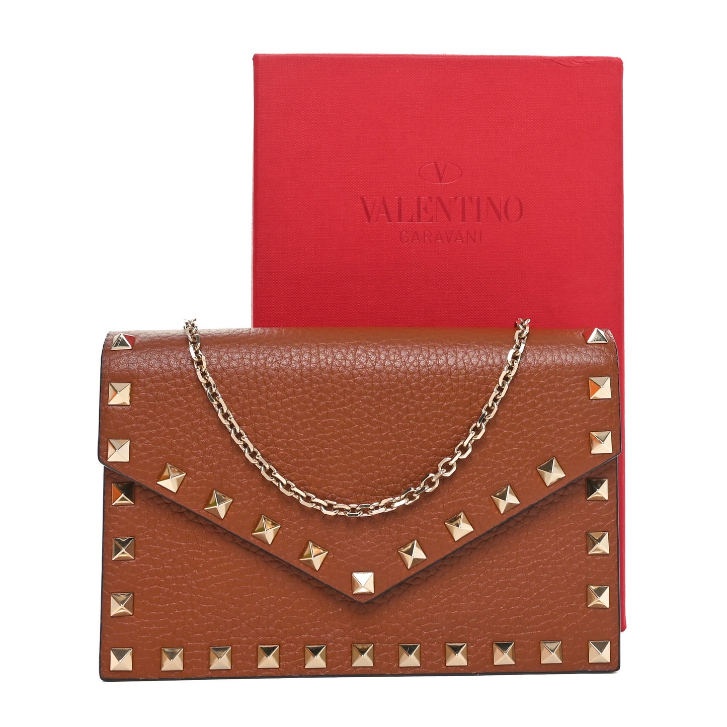 Pebbled Calfskin Rockstud Envelope Wallet on Chain Bright Cognac
