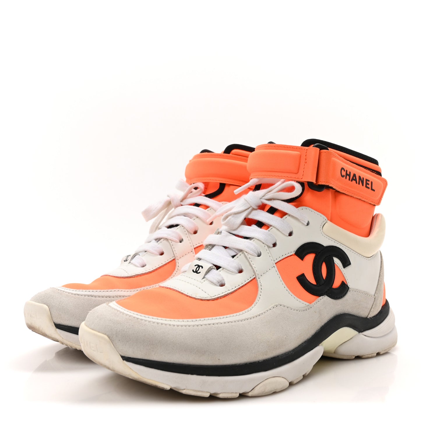 Suede Calfskin Lambskin Neoprene High Top CC Sneakers 36.5 White Fluo Orange