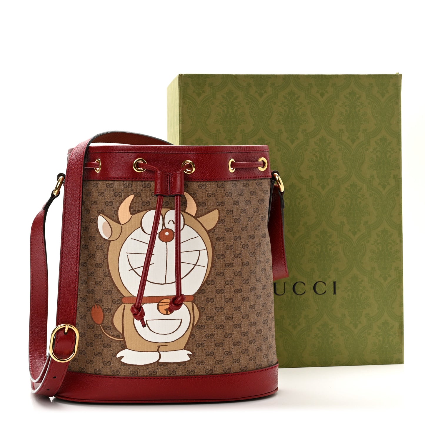 X DORAEMON Vintage GG Supreme Monogram Small Bucket Bag Beige Cherry Red