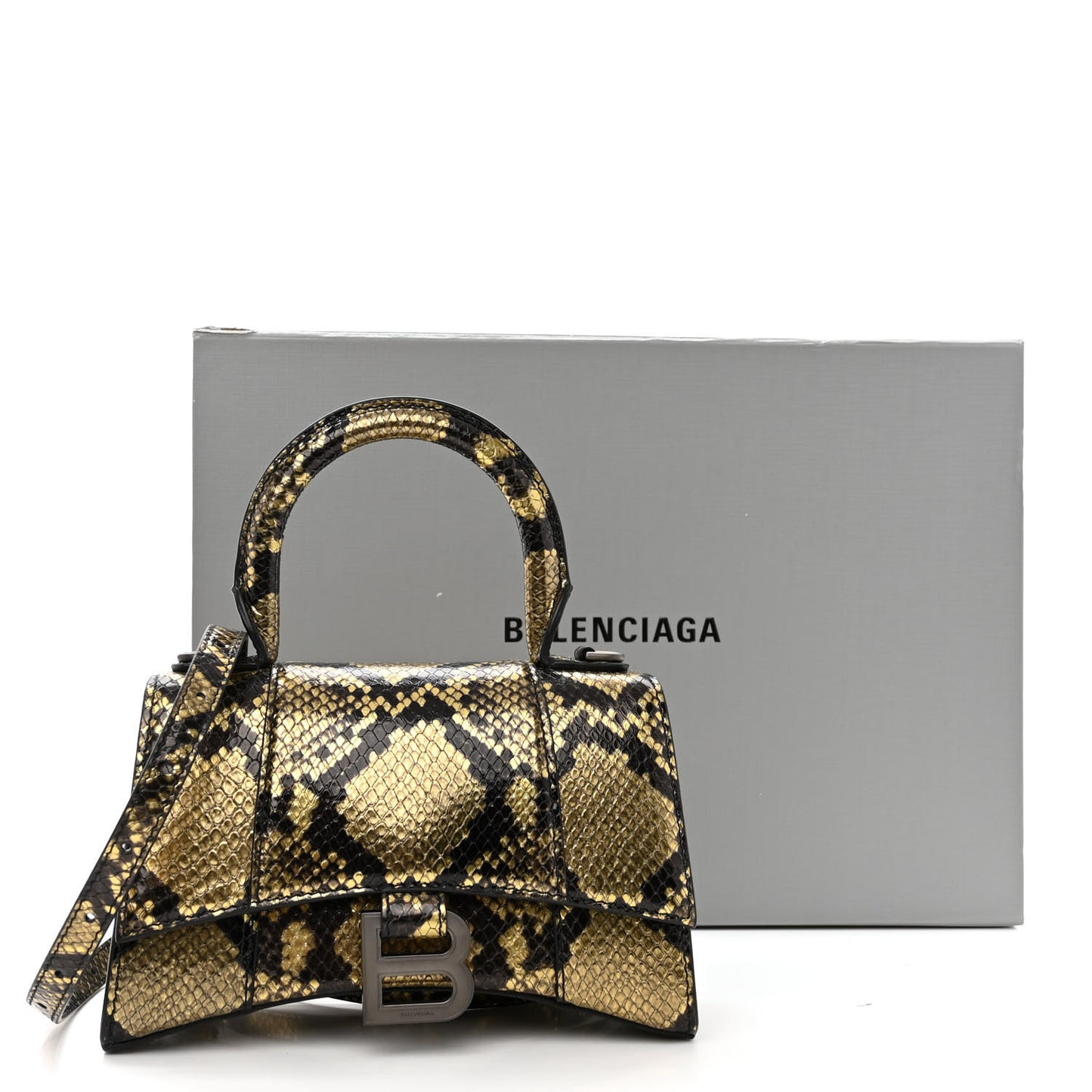 Shiny Calfskin Snakeskin Embossed Hourglass Top Handle Bag XS Gold Black