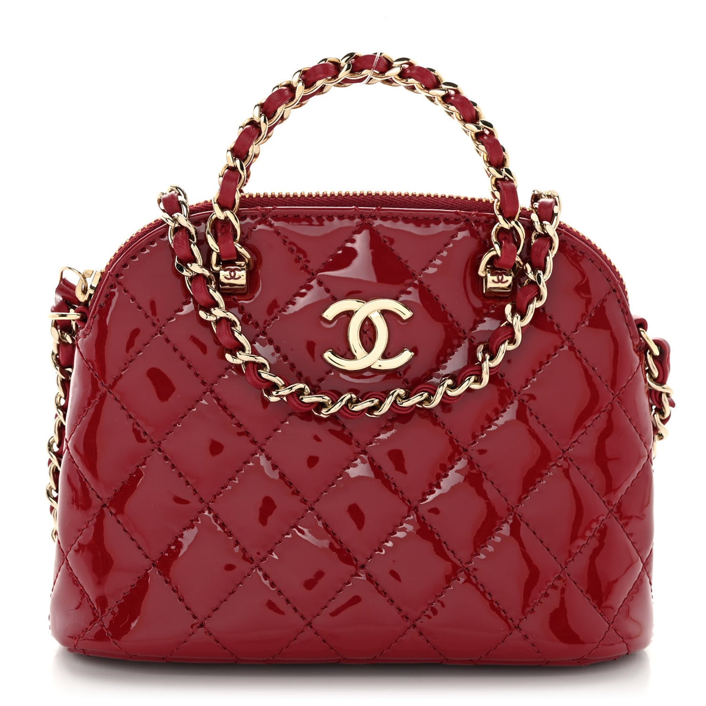 Patent Calfskin Quilted Shiny Coco Clutch With Chain Red