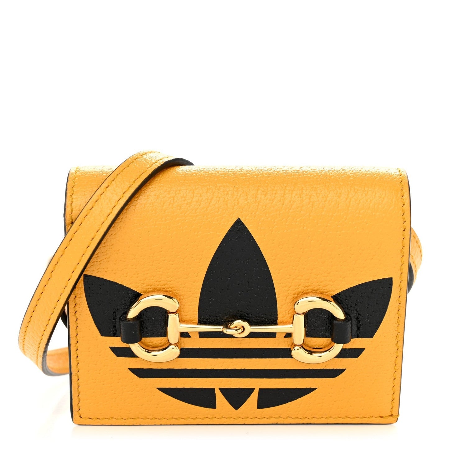 X ADIDAS Textured Dollar Calfskin Trefoil Horsebit 1955 Card Case Wallet With Strap Crop Black
