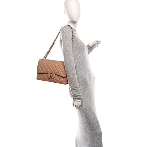 Caviar Quilted Jumbo Double Flap Beige
