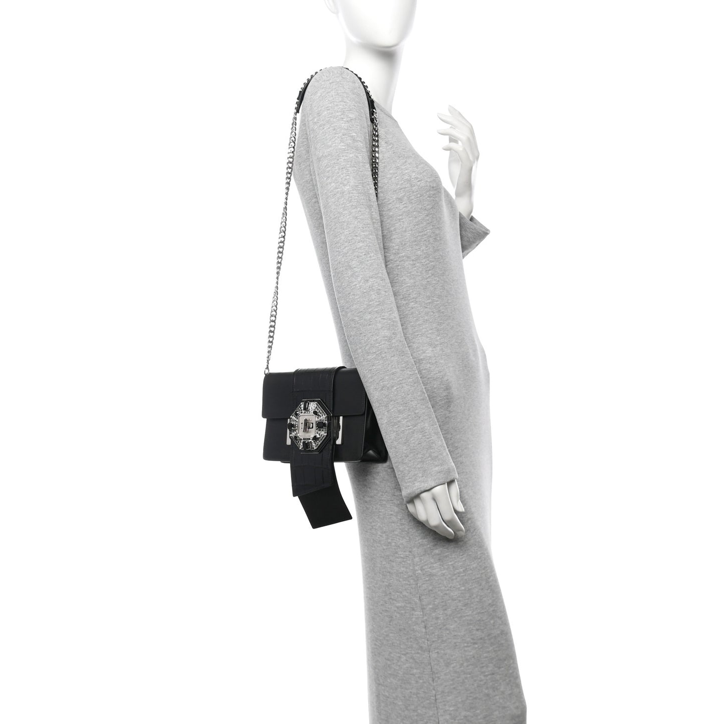 City Calf Cocco Crystal Embellished Ribbon Bag Black