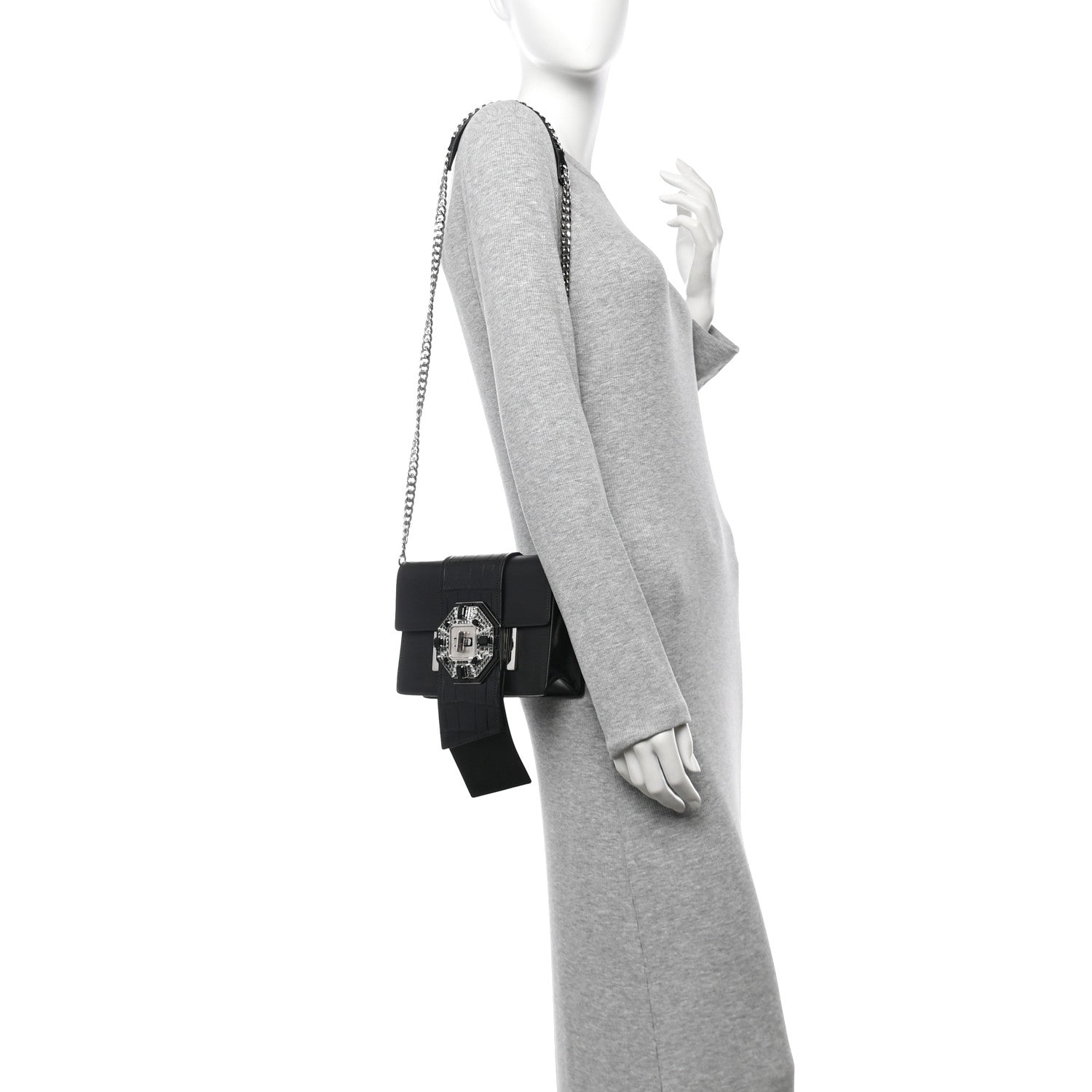 Prada City Calf Cocco Crystal Embellished Ribbon Bag Black 2 of 12