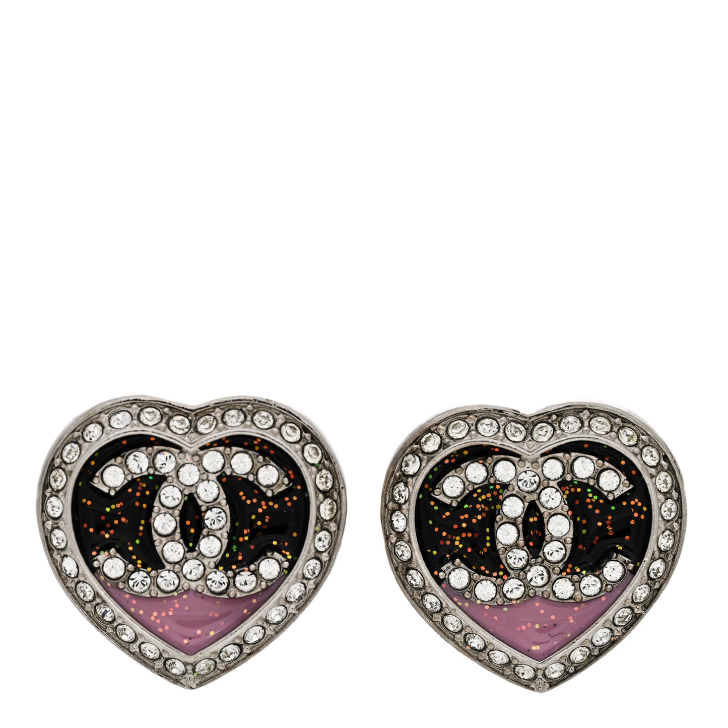 Resin Crystal Glitter CC Heart Stud Earrings Silver Black Pink