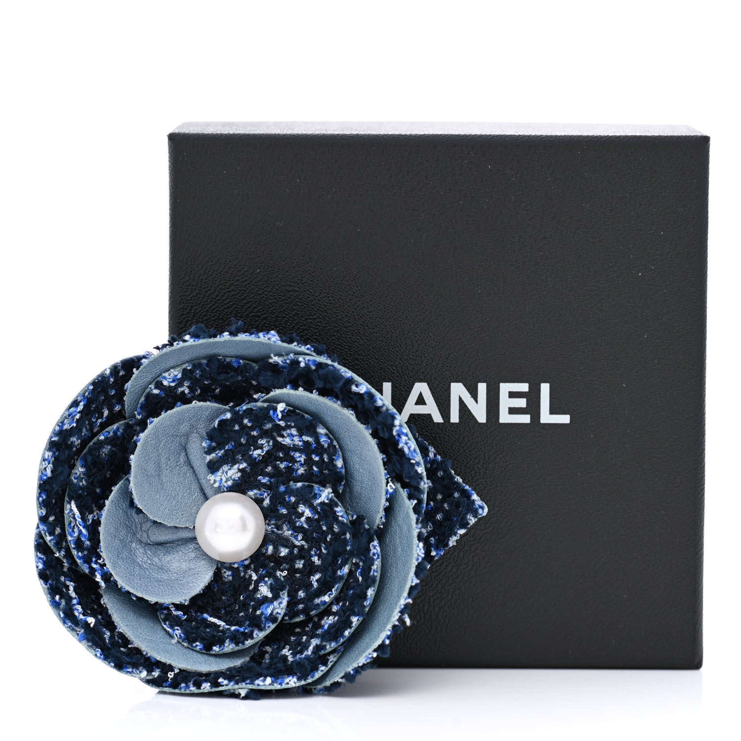 Chanel Tweed Lambskin Camellia Pearl Brooch Navy Black White 5 of 5