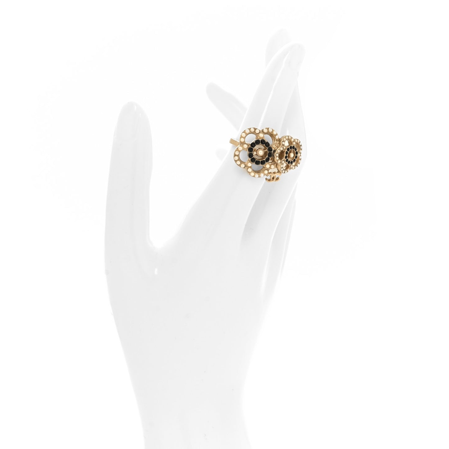 Pearl Camellia CC Ring 52 6 Gold Black White