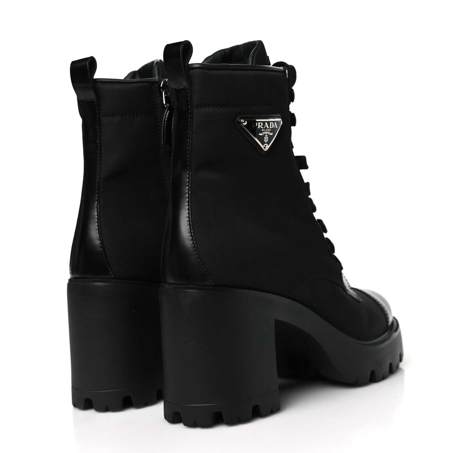 Spazzolato Re-Nylon Metal Triangle Logo Lace Up 55mm Ankle Boots 39 Black