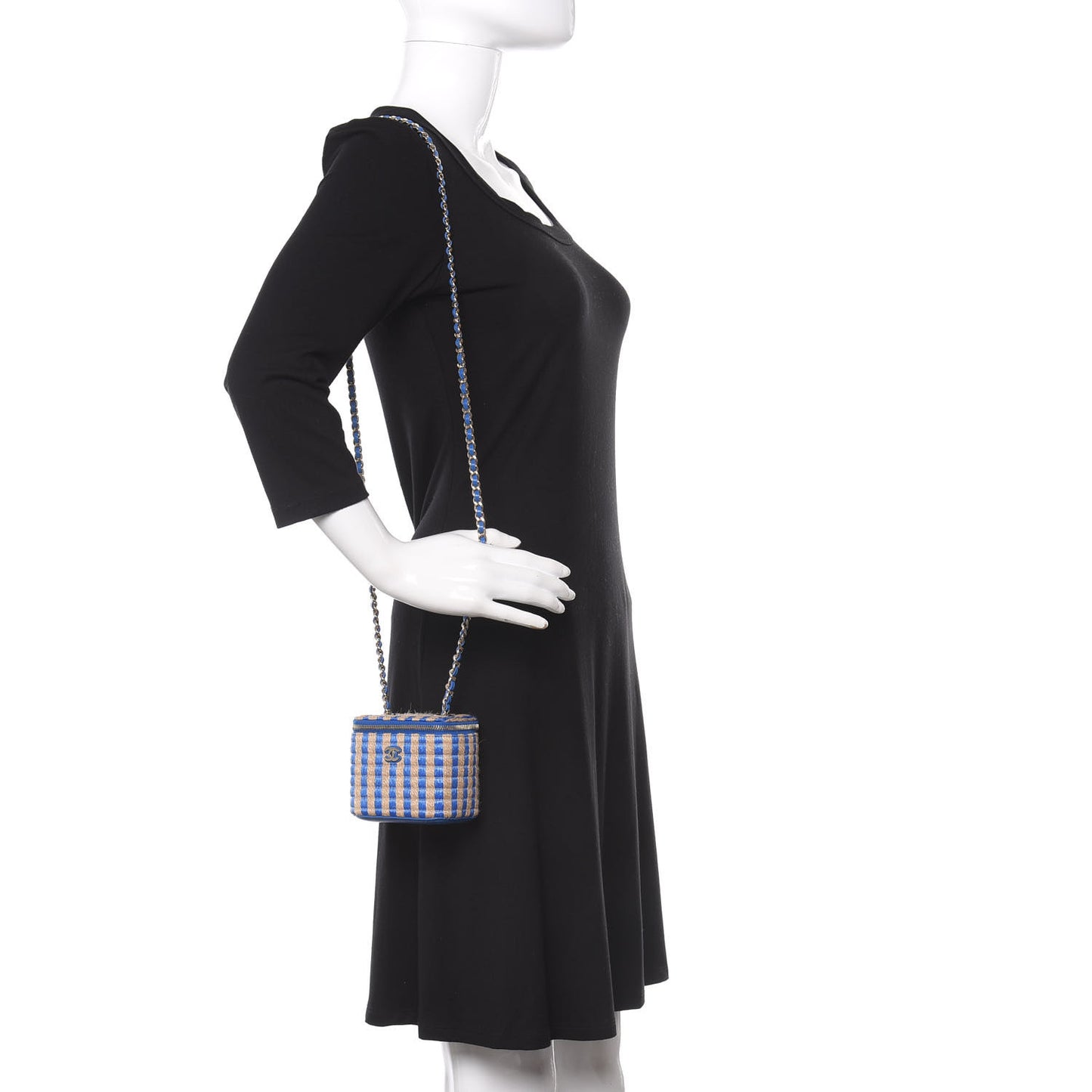 Raffia Jute Striped Mini Vanity Case With Chain Blue Beige