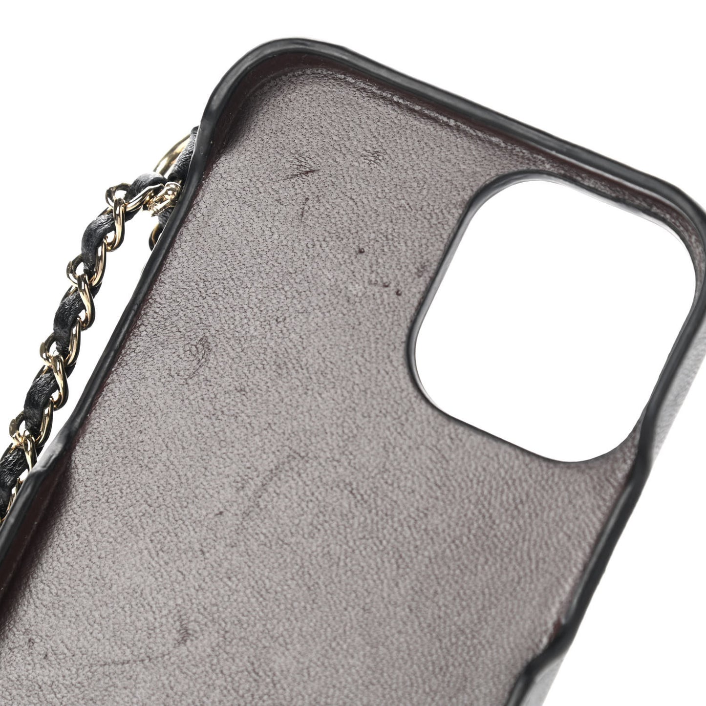 Lambskin Quilted Pearl Crush iPhone XII Pro Holder With Chain Black