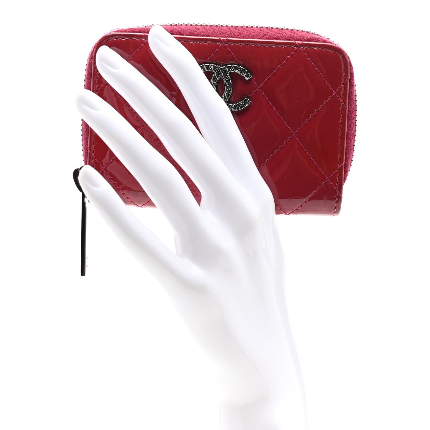 Patent Calfskin Quilted Brilliant Zip Coin Purse Wallet Red