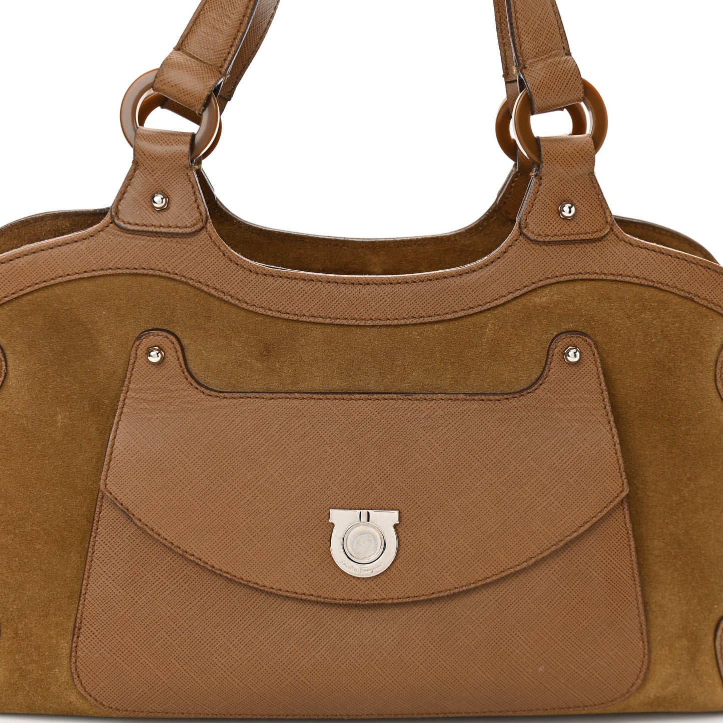 Suede Printed Calfskin Gancini Satchel Brown