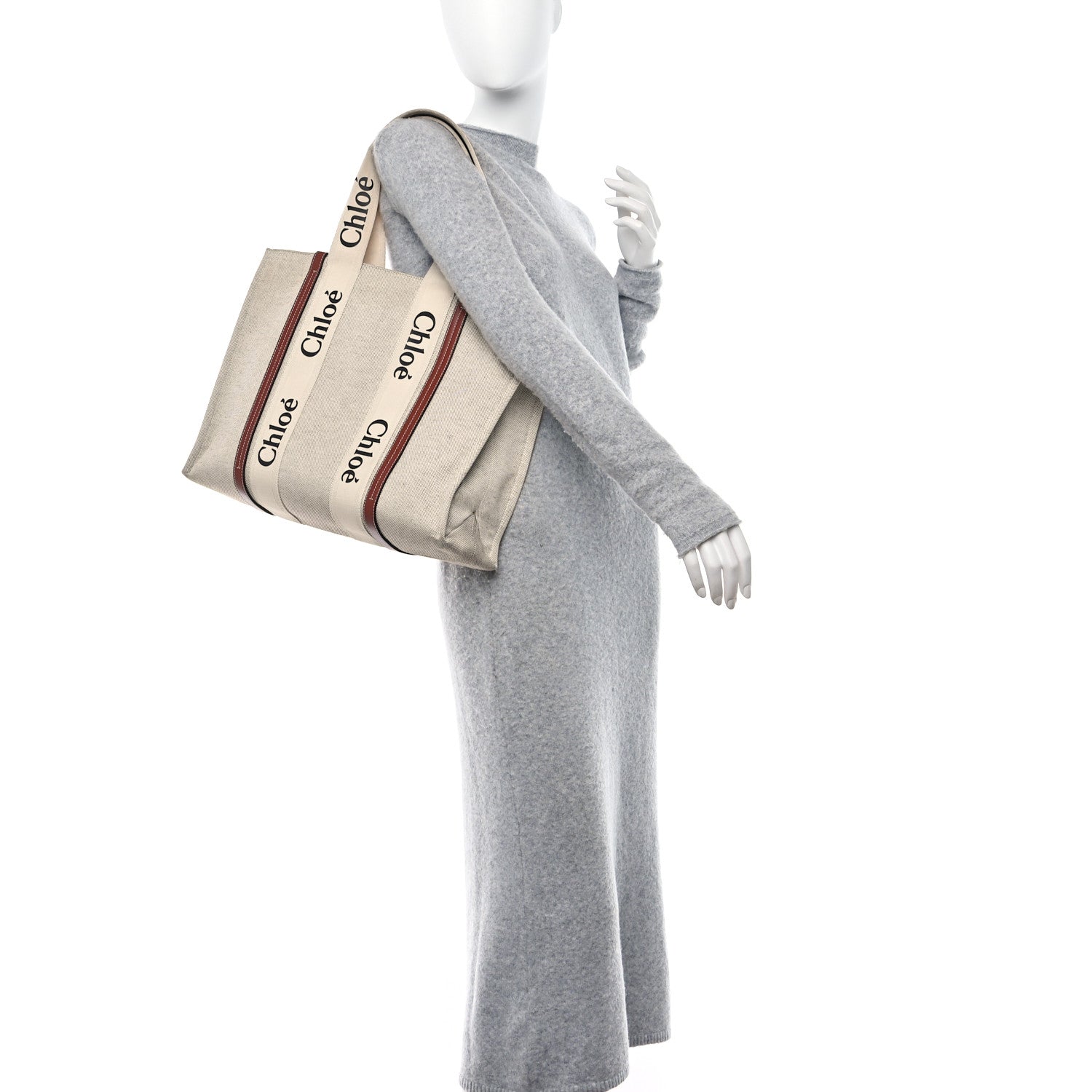 Chloe Cotton Calfskin Large Woody Ribbon Tote White Brown 2 of 15