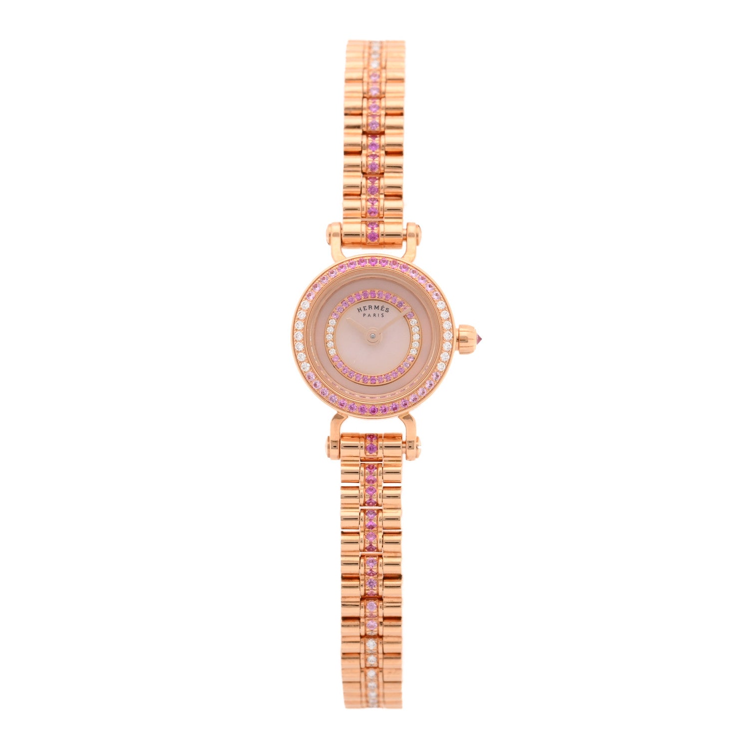Hermes 18K Rose Gold Diamond Pink Sapphire 16mm Faubourg Quartz
