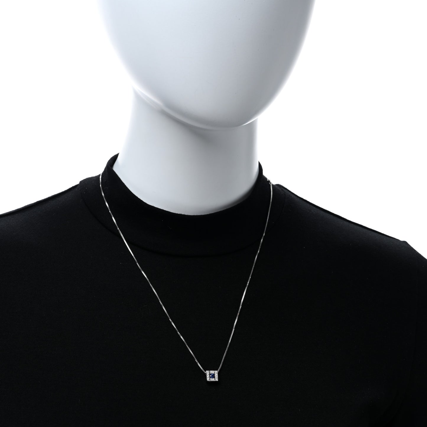 18K White Gold Diamond Blue Sapphire Square Pendant Necklace