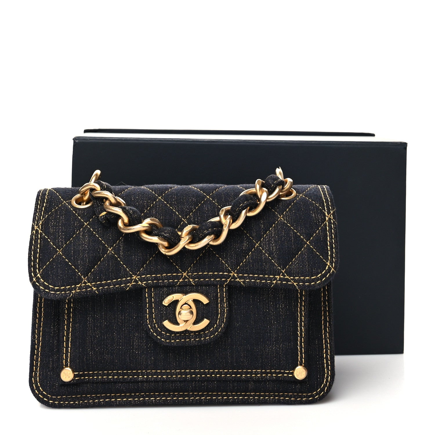 Chanel Denim Quilted Double You Mini Flap Black Golden 11 of 11