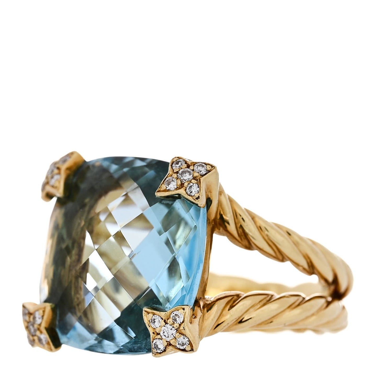 18K Yellow Gold Diamond Blue Topaz 15mm Cushion On Point Ring 52 6
