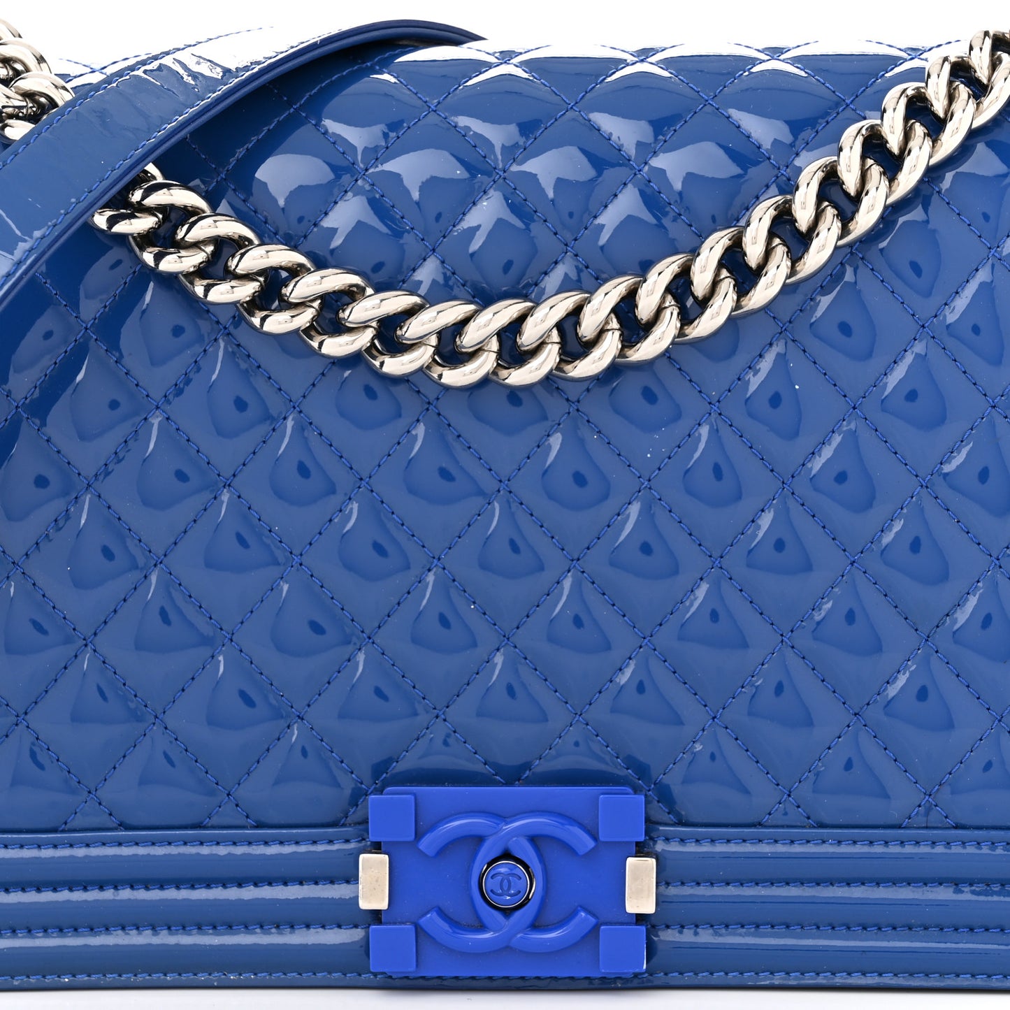Patent Calfskin Quilted New Medium Plexiglass Boy Flap Blue