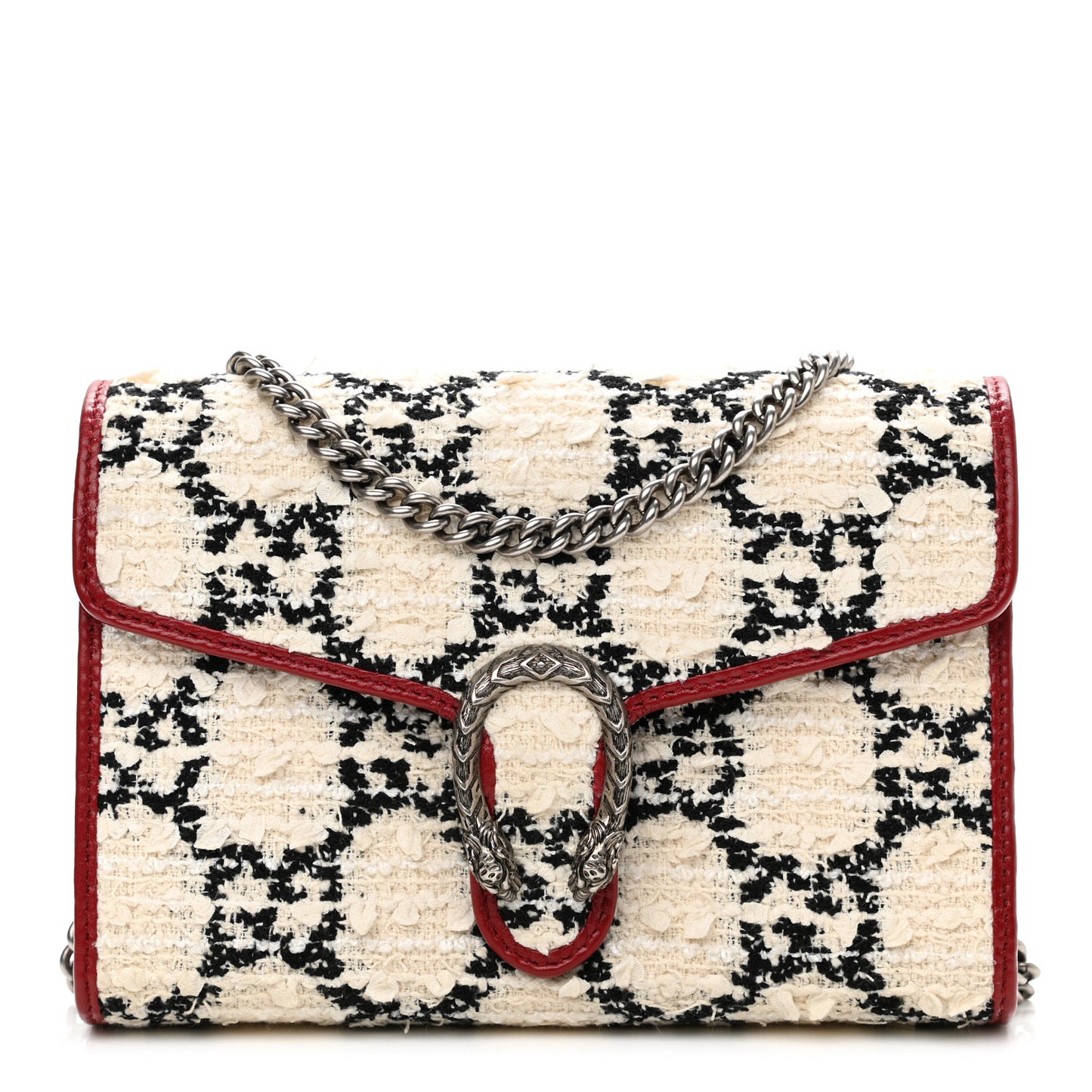 Tweed GG Monogram Mini Dionysus Chain Wallet White Black Romantic Cherry