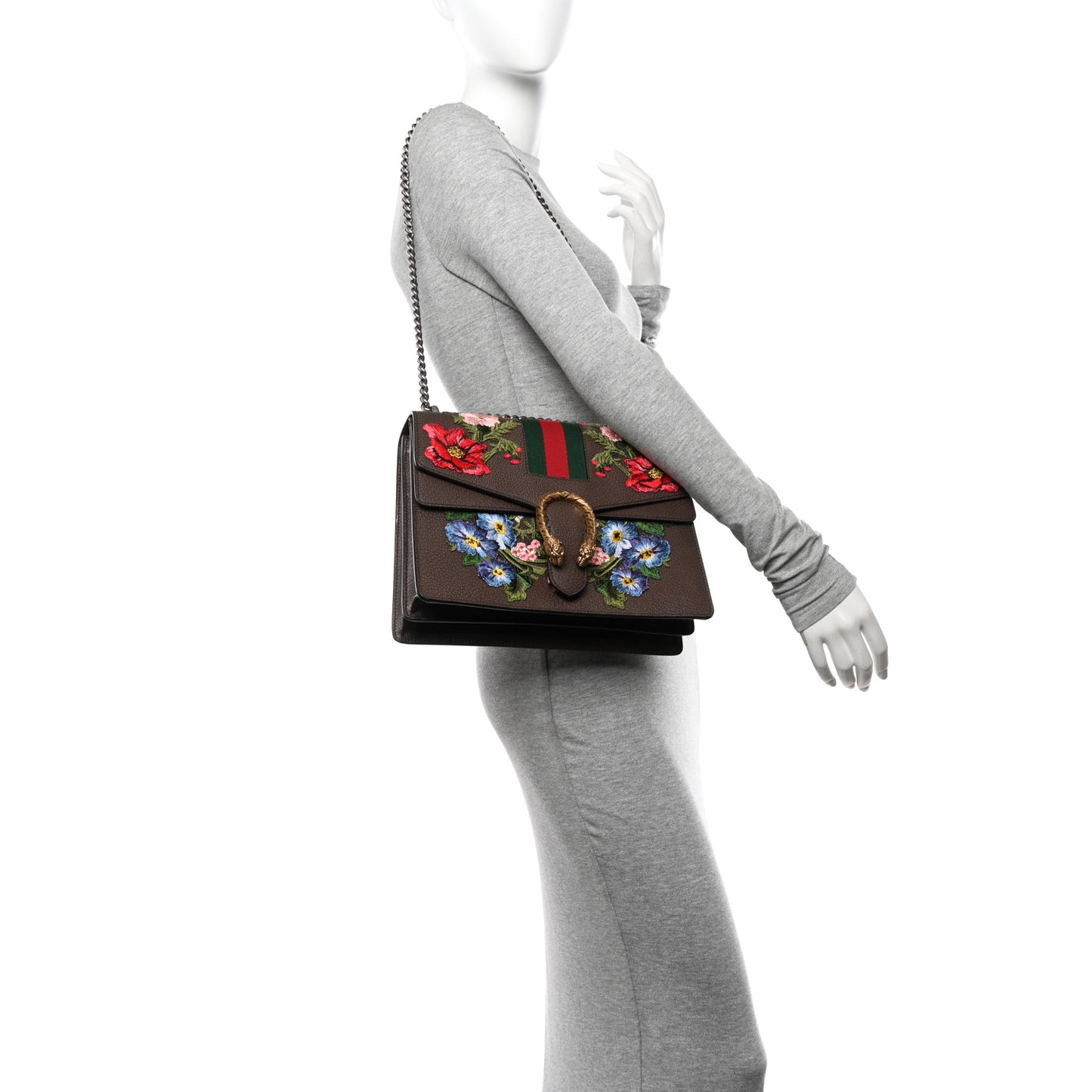 Calfskin Web Floral Embroidered Medium Dionysus Shoulder Bag New Acero