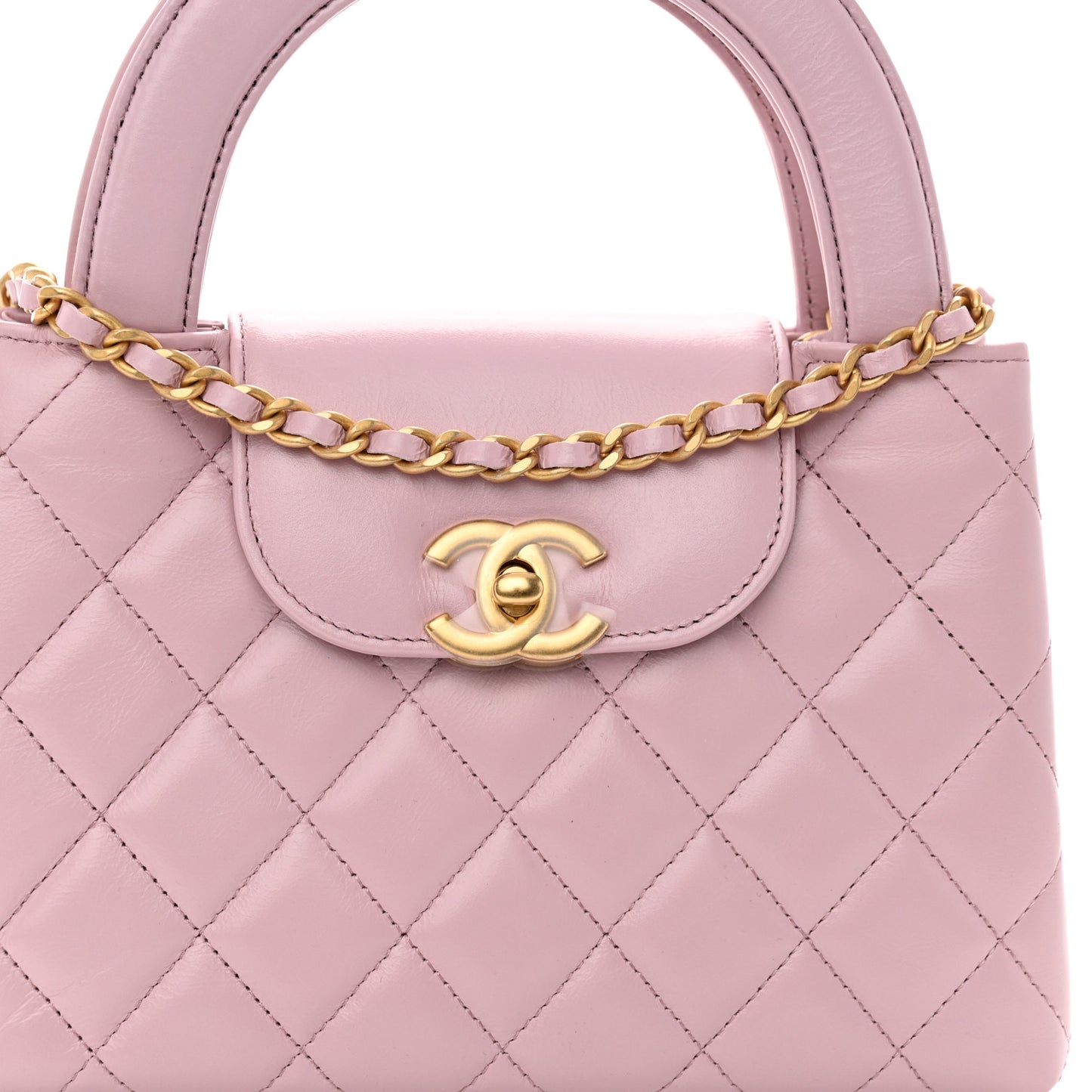 Shiny Aged Calfskin Quilted Nano Kelly Shopper Pink