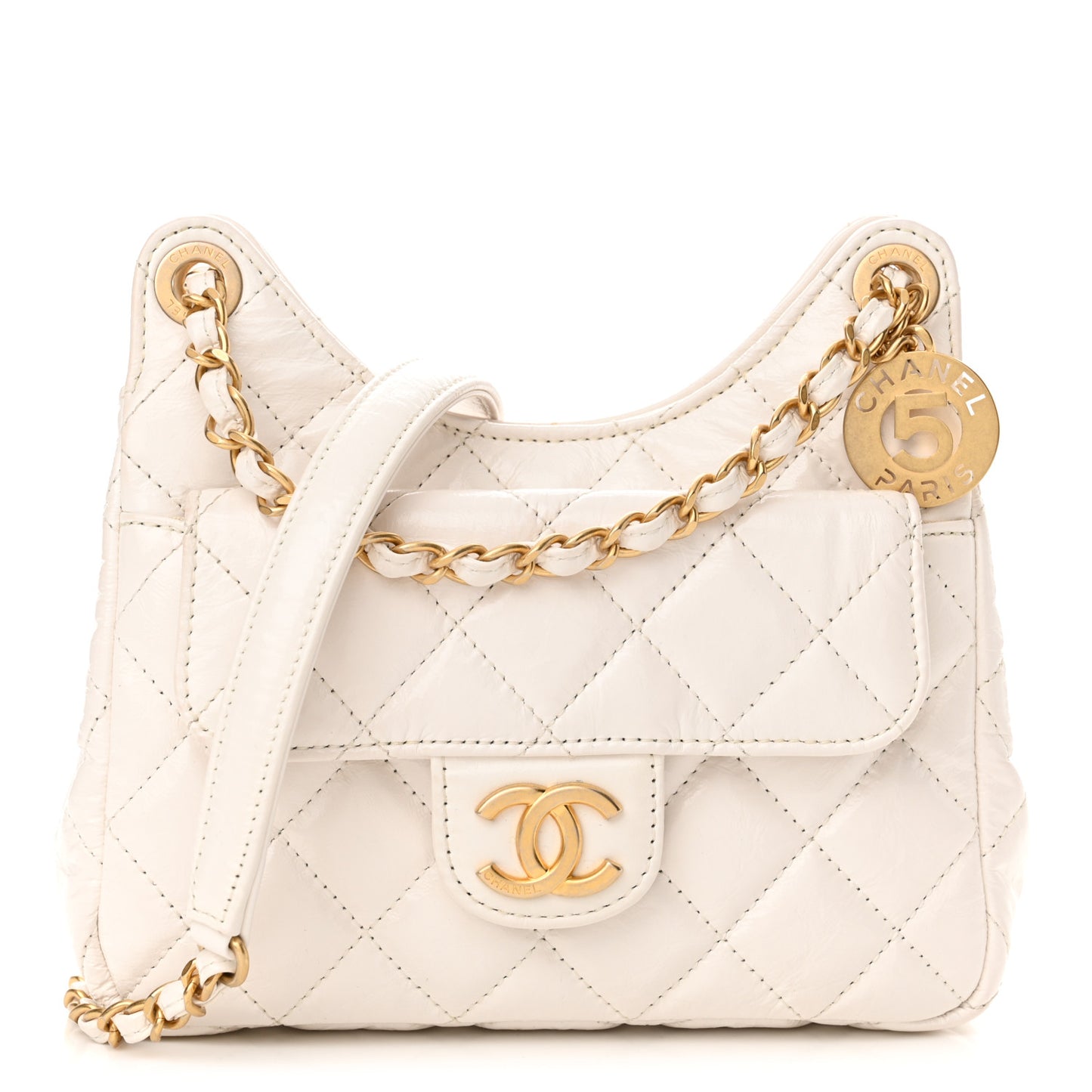 Shiny Crumpled Calfskin Quilted Small Wavy CC Hobo White