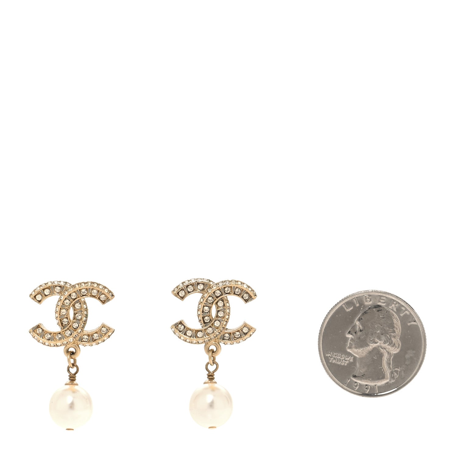 Chanel Crystal Timeless CC Pearl Drop Earrings Light Gold 2 of 4