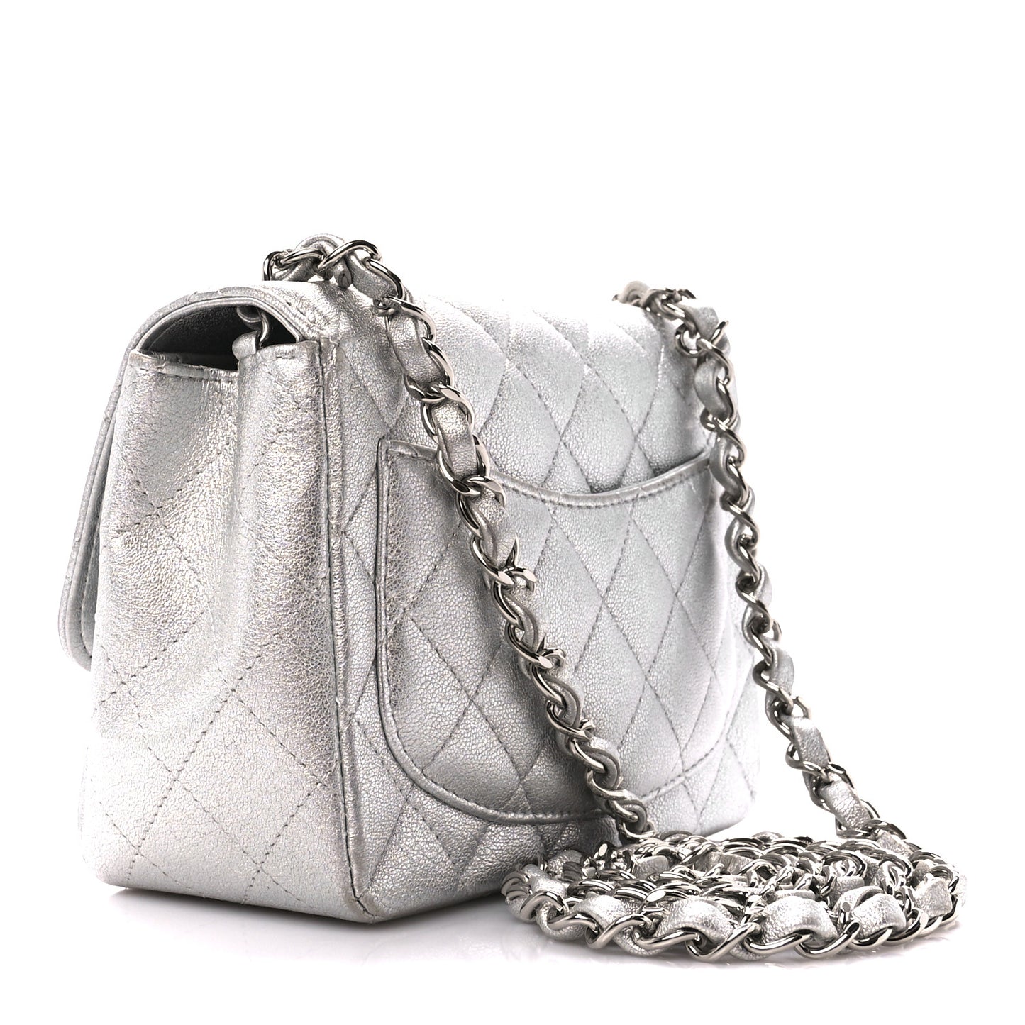 Metallic Lambskin Quilted Mini Square Flap Silver