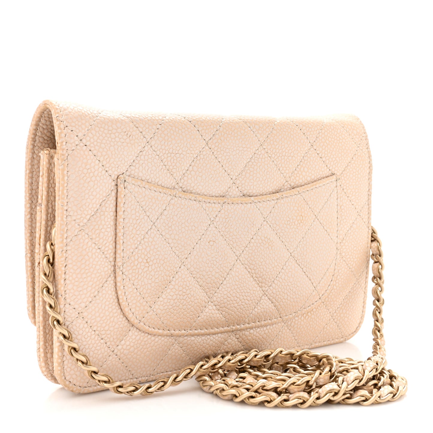 Pearly Caviar Quilted Wallet On Chain WOC Beige