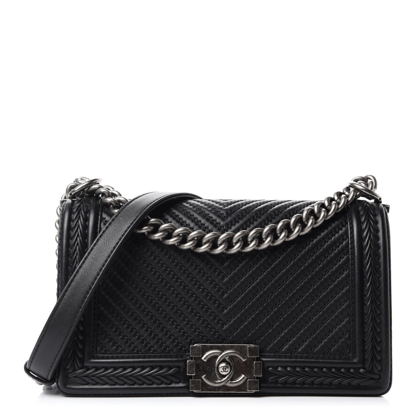Calfskin Chevron Quilted Medium Braided Boy Flap Black