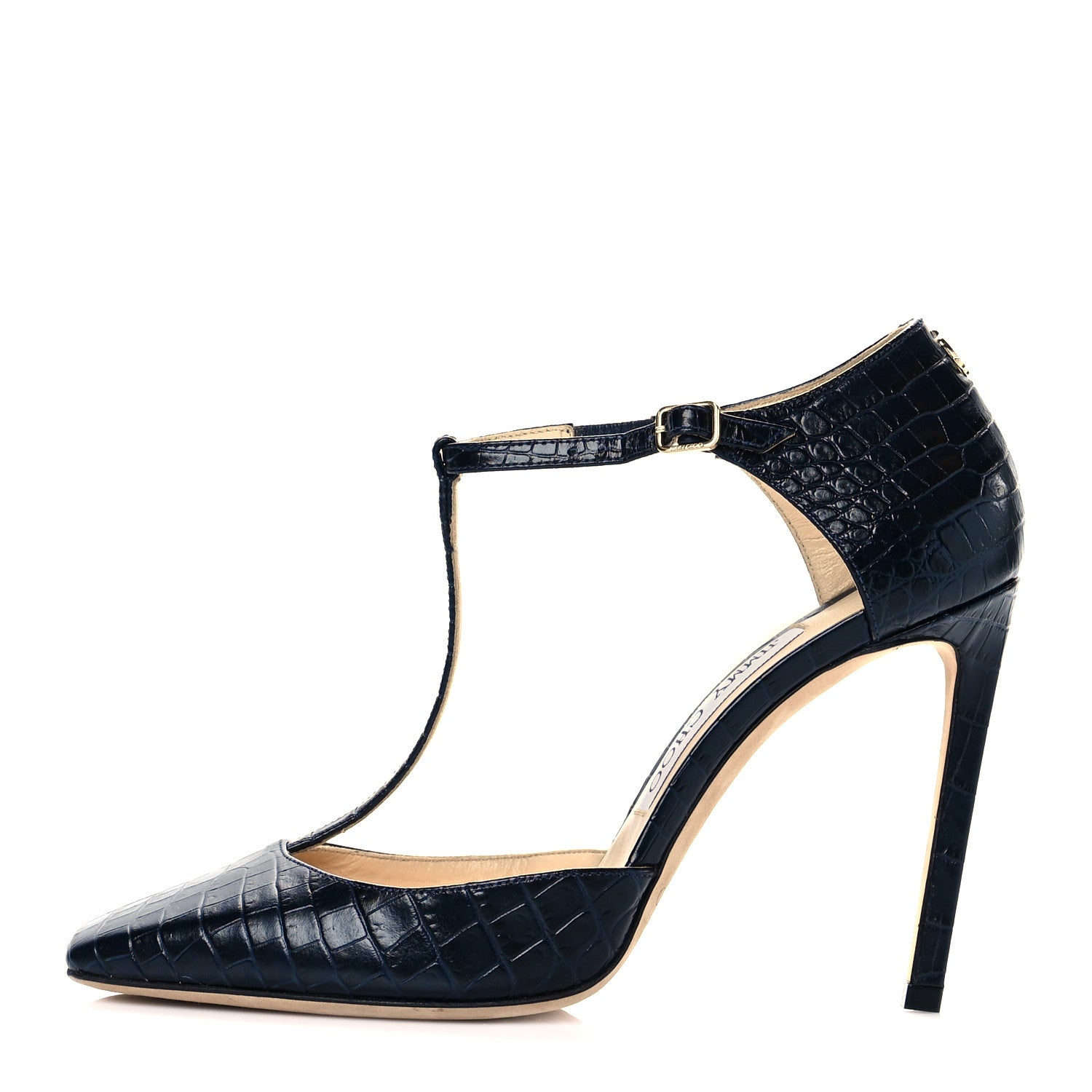 Jimmy Choo Crocodile Embossed Calfskin Lexica T- Strap 100 Pumps