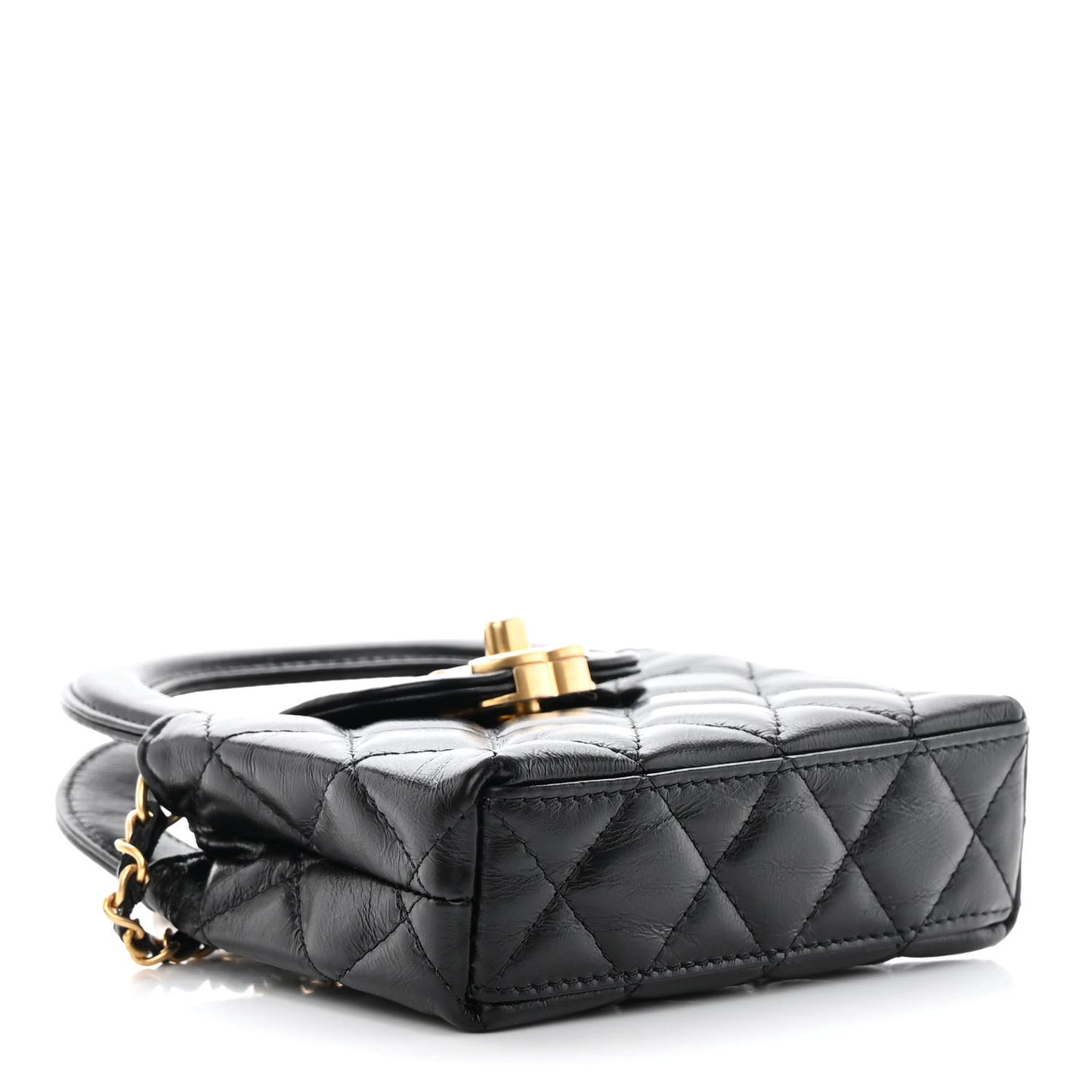 Shiny Aged Calfskin Quilted Mini Nano Kelly Shopper Black