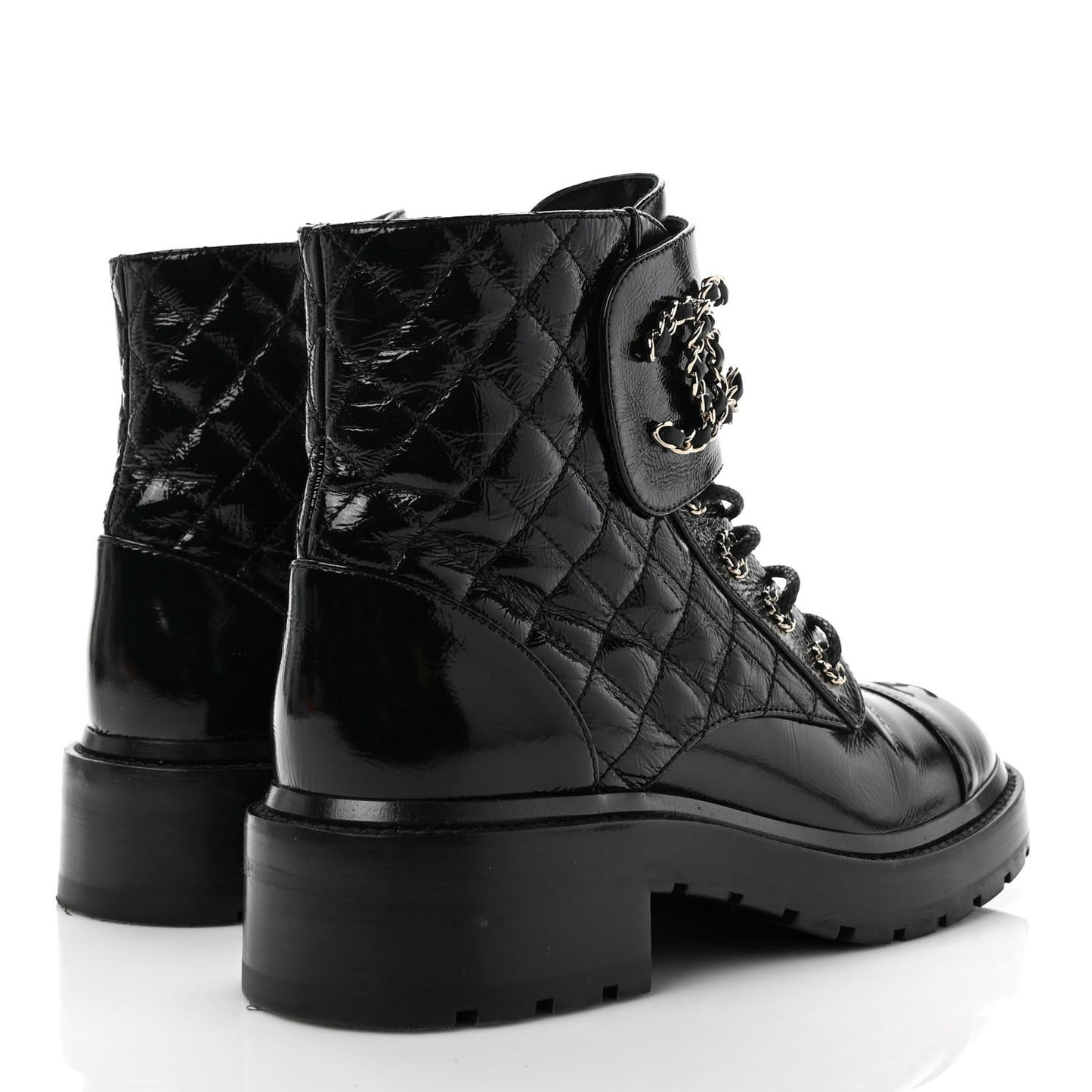 Shiny Calfskin Quilted Lace Up Combat Boots 37.5 Black