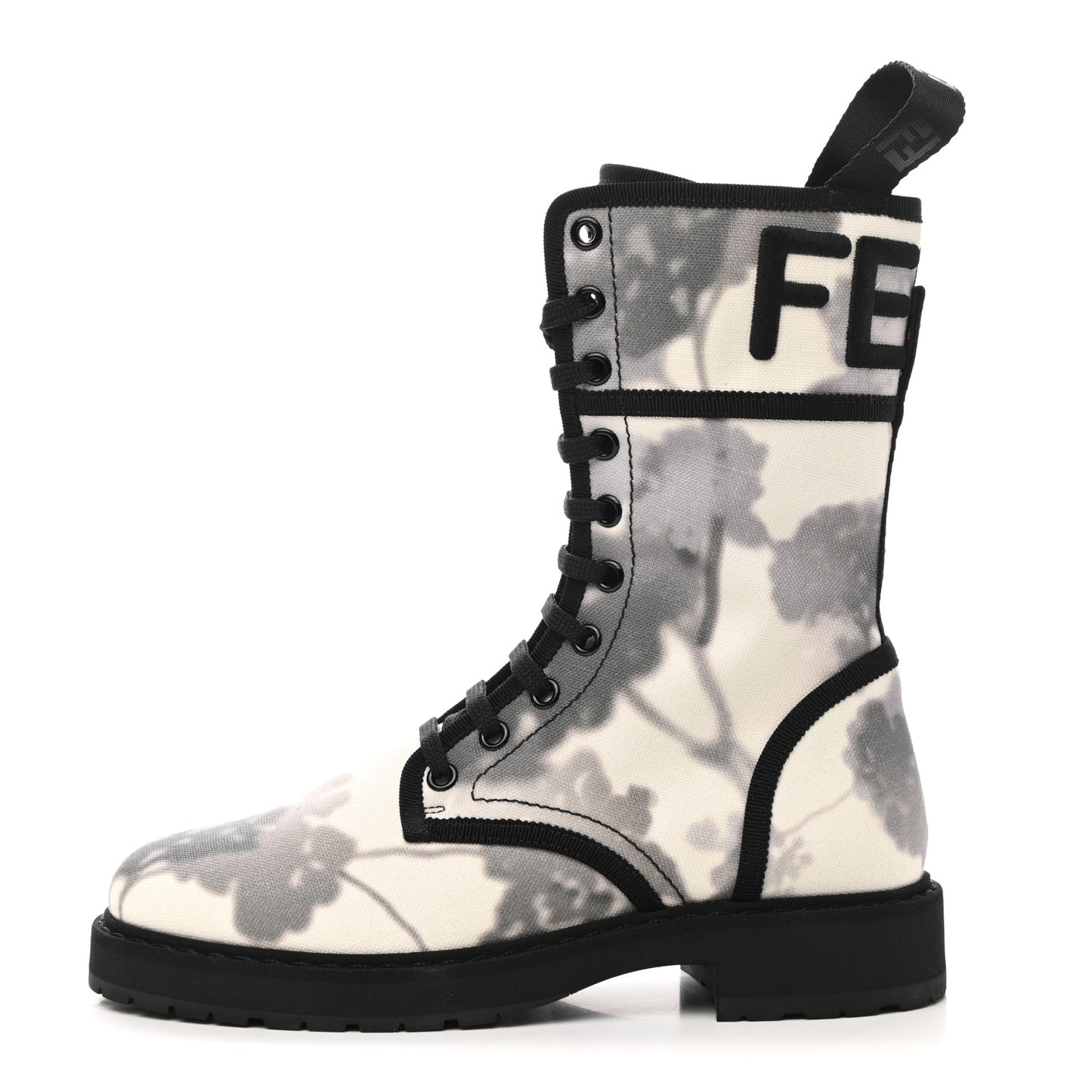 Canvas Floral Print Logo Bi-Color Womens Biker Boots White Black