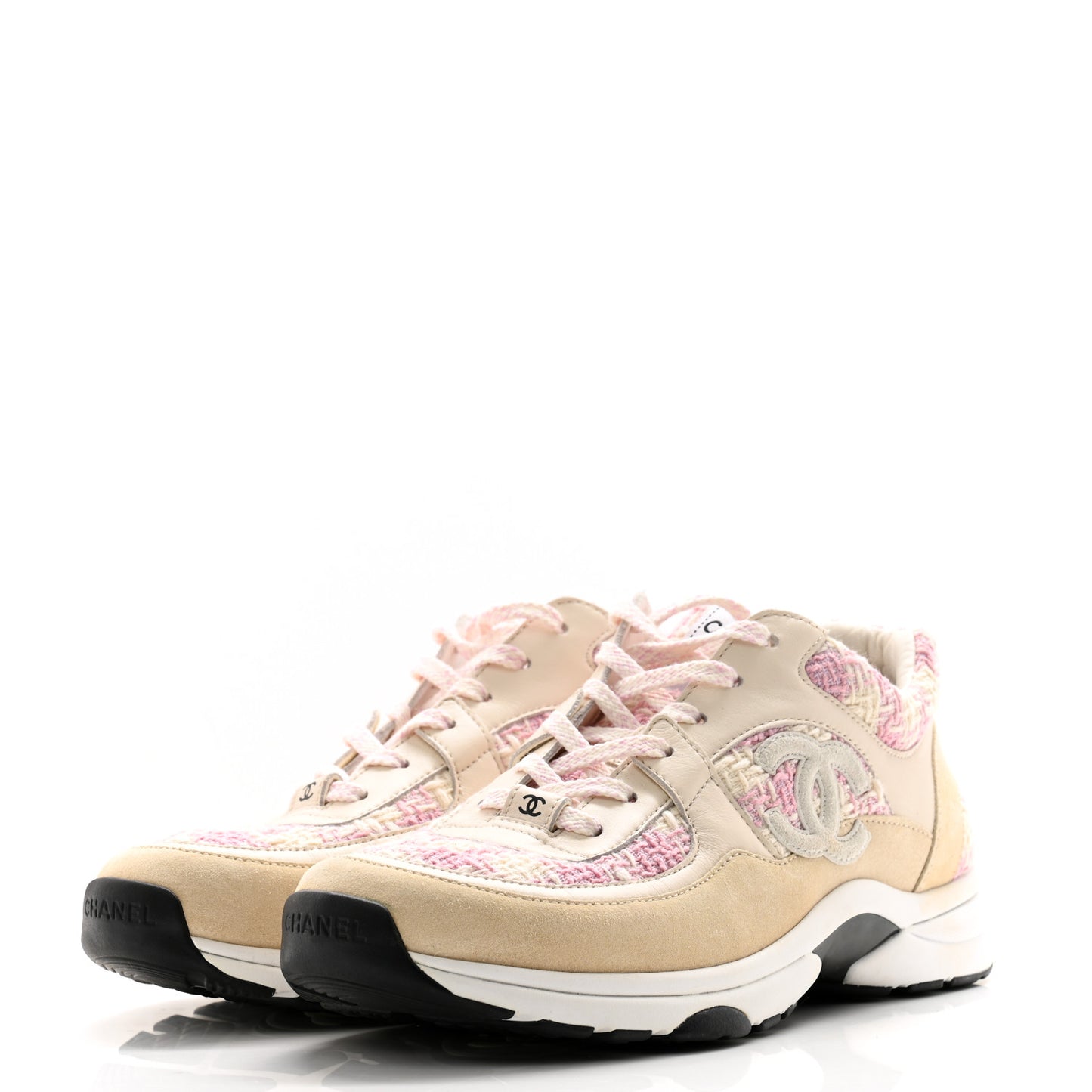 Tweed Suede Calfskin Womens CC Sneakers 40 Pink Ecru