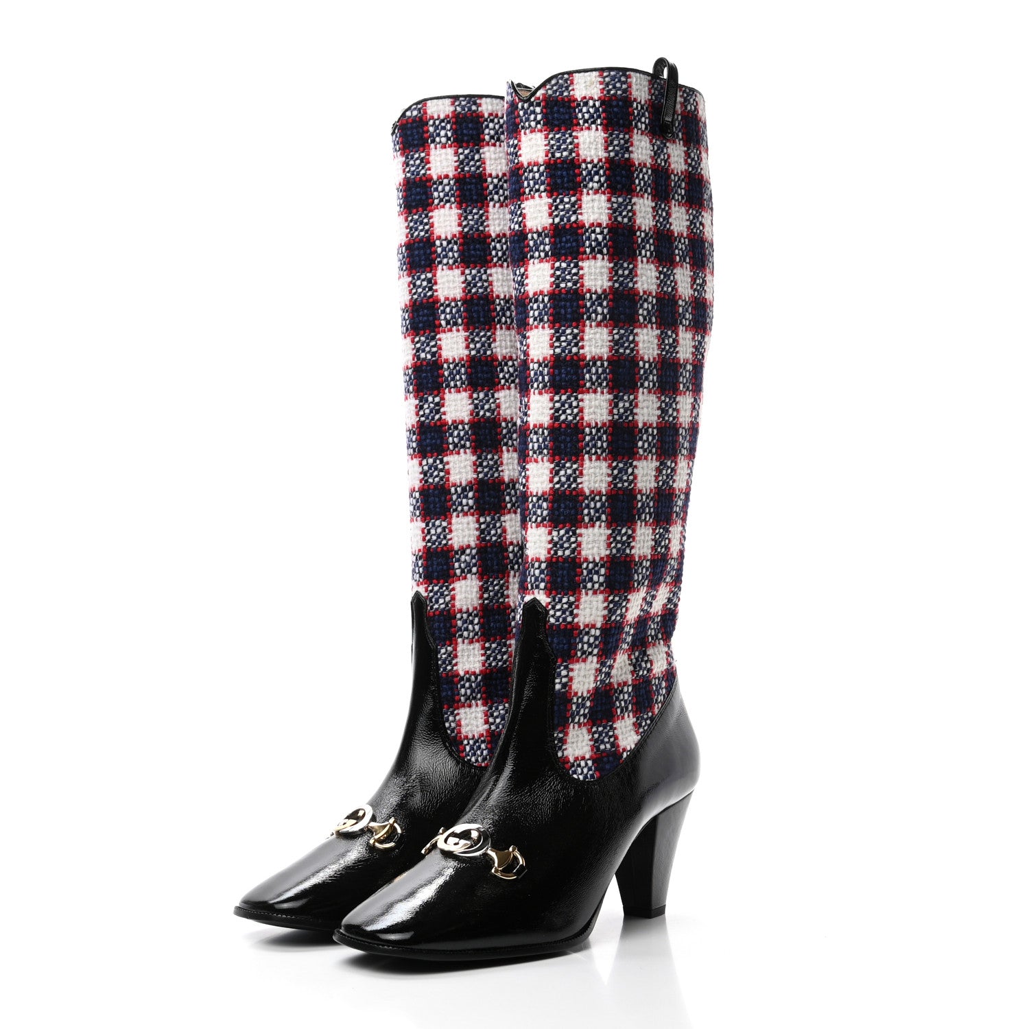 Gucci Tweed Naplack Check Zumi Knee Boots 39.5 White Hibiscus Red Maritime Black 3 of 8